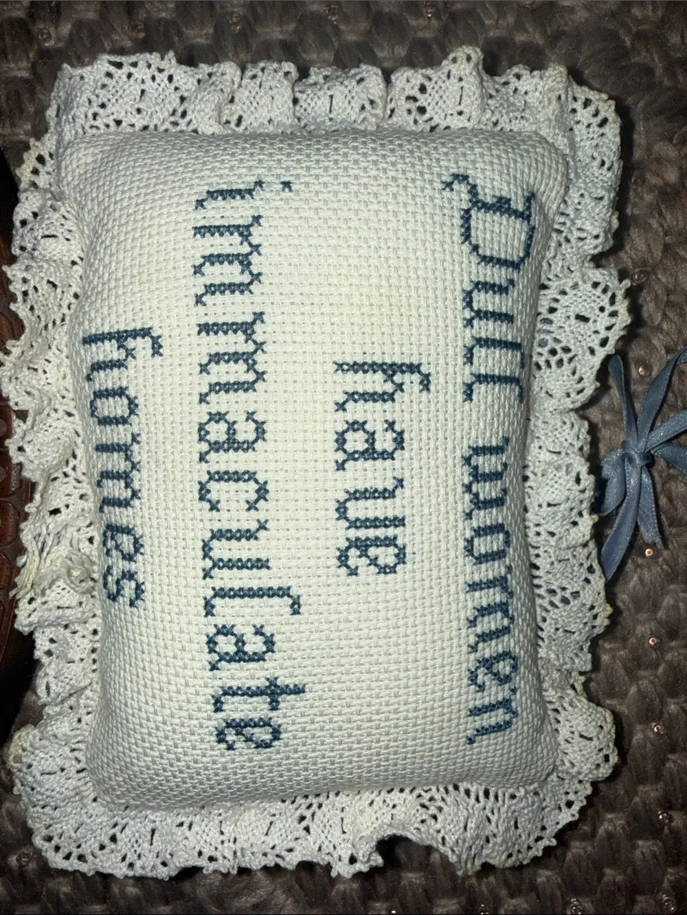 Vintage Lace Wall Hanging / Decorative Cream and Blue Cross-Stitch Wall Pillow